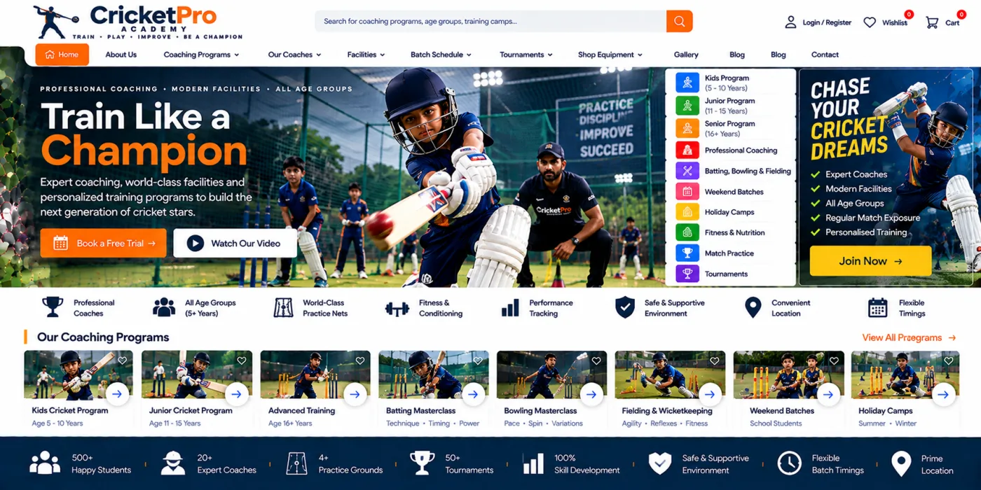 Cricket Academy Website preview