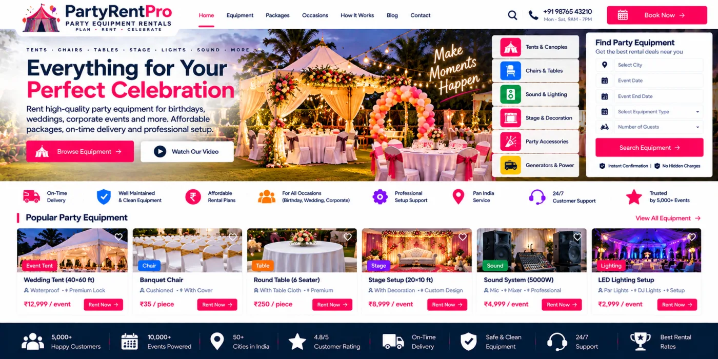 Party Equipment Rental Website
